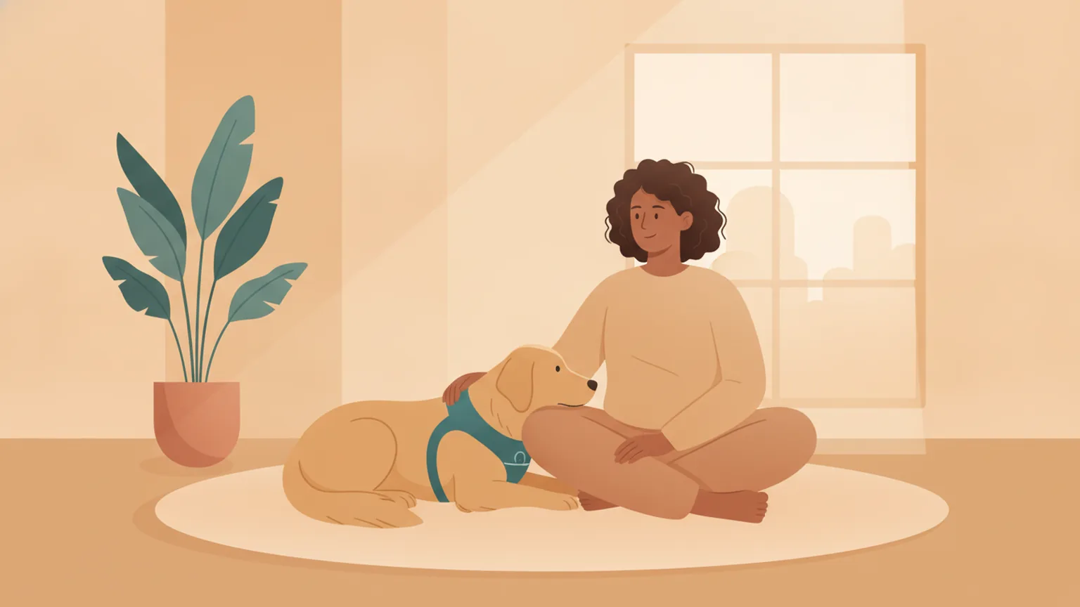 Ilustração de pessoa sentada com cão de serviço em ambiente doméstico