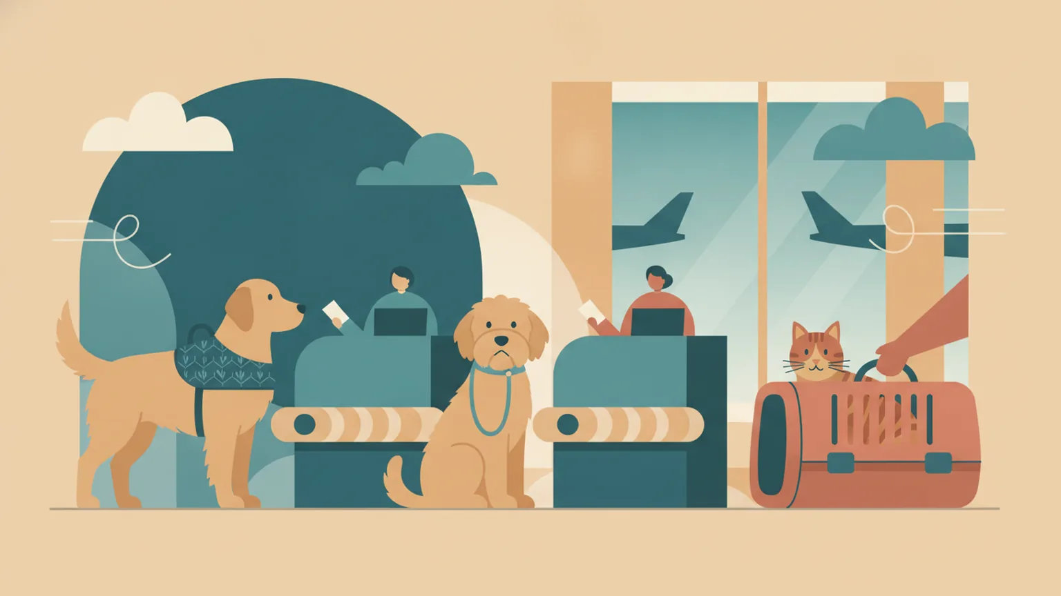 Ilustração das três categorias de animais em viagem: cão-guia com arreio, animal de suporte emocional e pet na caixa de transporte