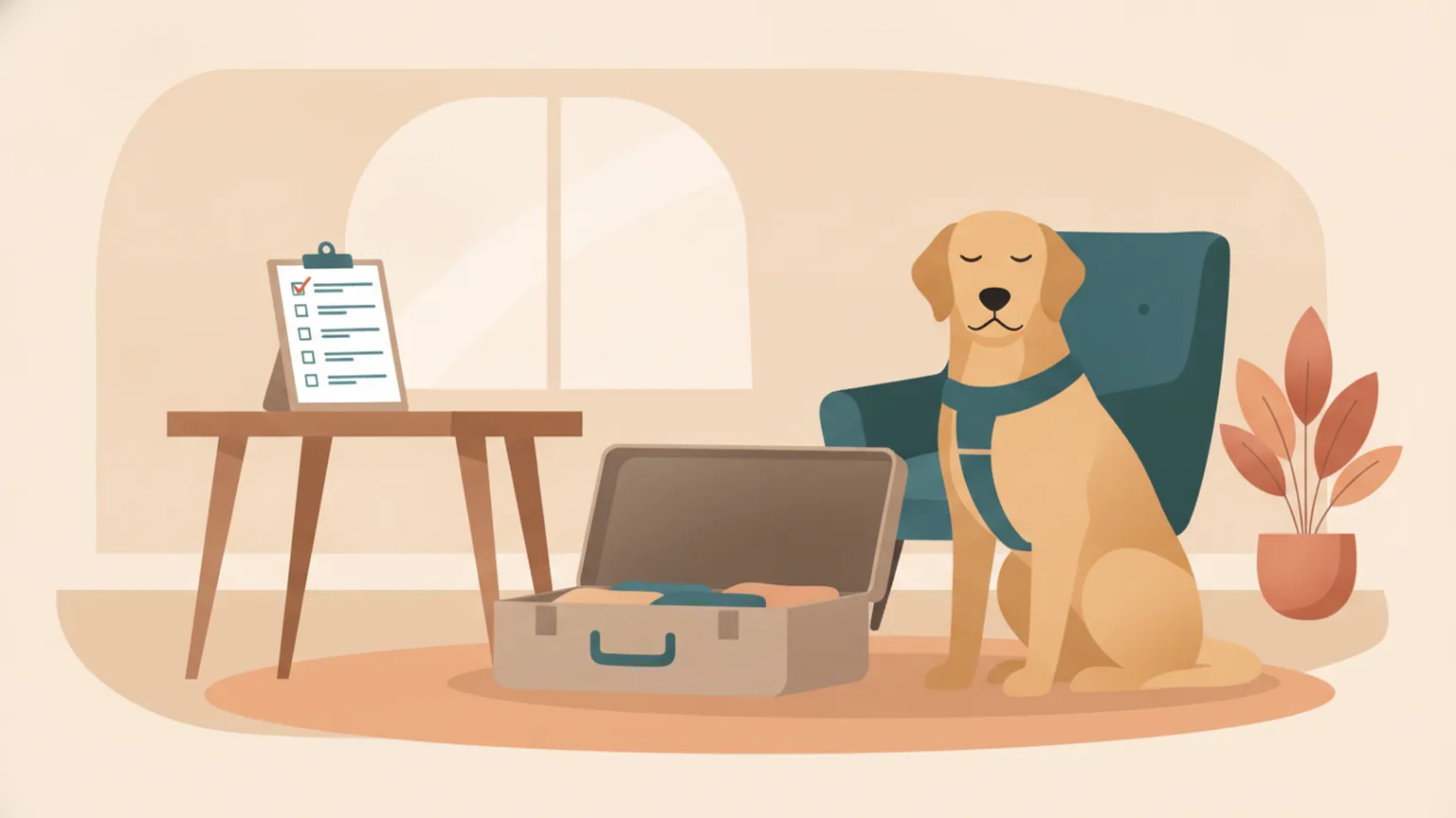 Ilustração de checklist de viagem organizado sobre a mesa, com cão de assistência ao lado da mala
