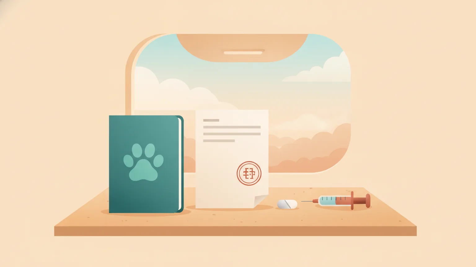 Ilustração de documentos de viagem internacional para pets: certificado veterinário, passaporte de cães e gatos e microchip